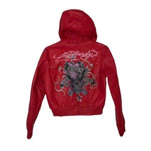 Ed Hardy Leather Jacket Women’s Size Medium‎ Red  Y2K Vintage Hooded Authentic